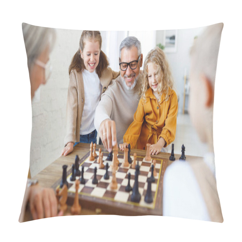 Personality  Children Brother And Sister Playing Chess While Sitting In Living Room With Senior Grandparents Pillow Covers