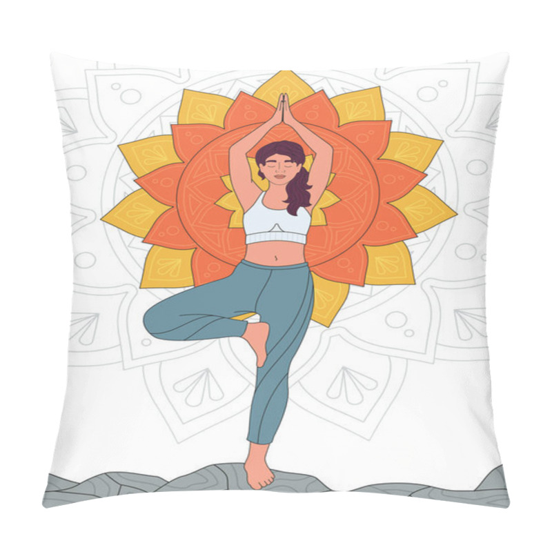 Personality  Yoga Zentangle Woman Concept. Buddhism And Spiritual Art. Hippie Tattoo With Young Girl. Minimalistic Creativity And Art. Linear Flat Vector Illustration Isolated On White Background Pillow Covers