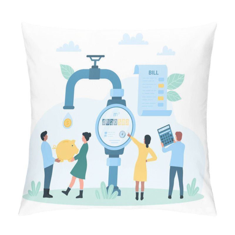 Personality  Water Bill Payment Vector Illustration. Cartoon Tiny People Check Readings On Dial Of Water Meter To Pay Cash Money, Customers Hold Calculator And Piggy Bank To Save Money And Nature Resource Pillow Covers