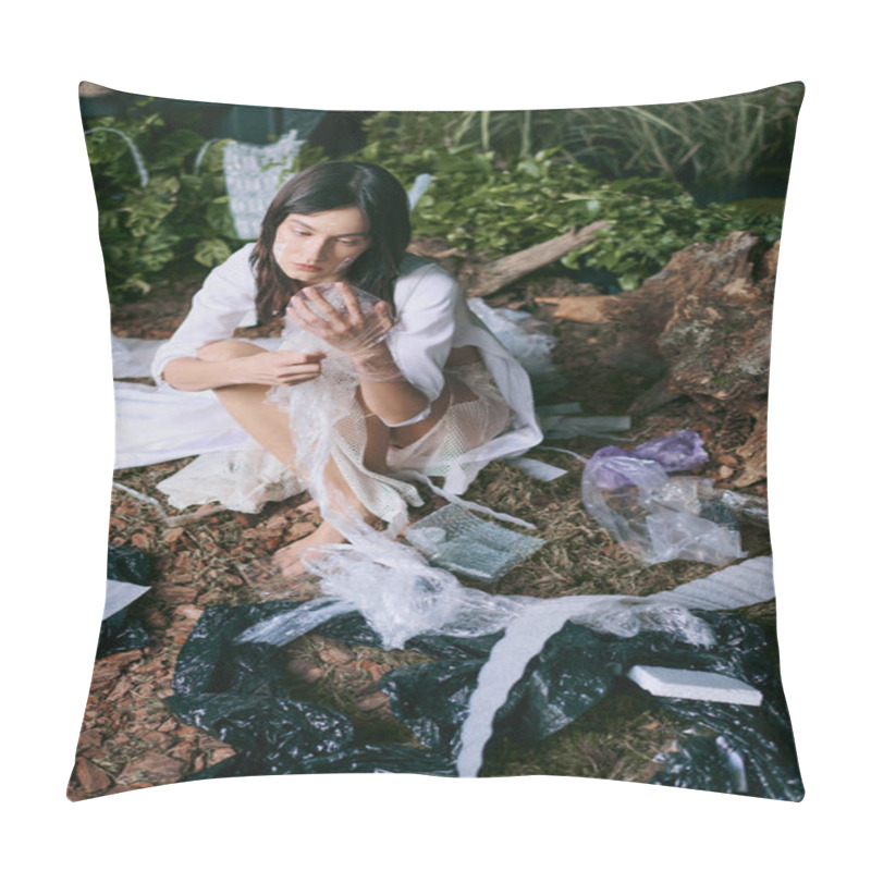 Personality  A Woman In White Clothing Poses Amongst A Swamp Overflowing With Plastic Waste. Pillow Covers