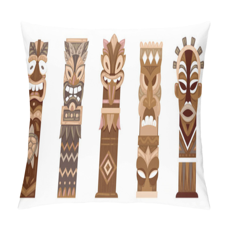 Personality  Ritual Wooden Statues. Cartoon Ethnic Tiki Totems, Aboriginal Pole Totems Flat Vector Illustration Set. Hawaiian Or African Traditional Sculptures Pillow Covers