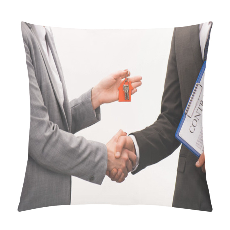 Personality  Cropped Image Of Costumer And Estate Agent Shaking Hands Isolated On White Pillow Covers