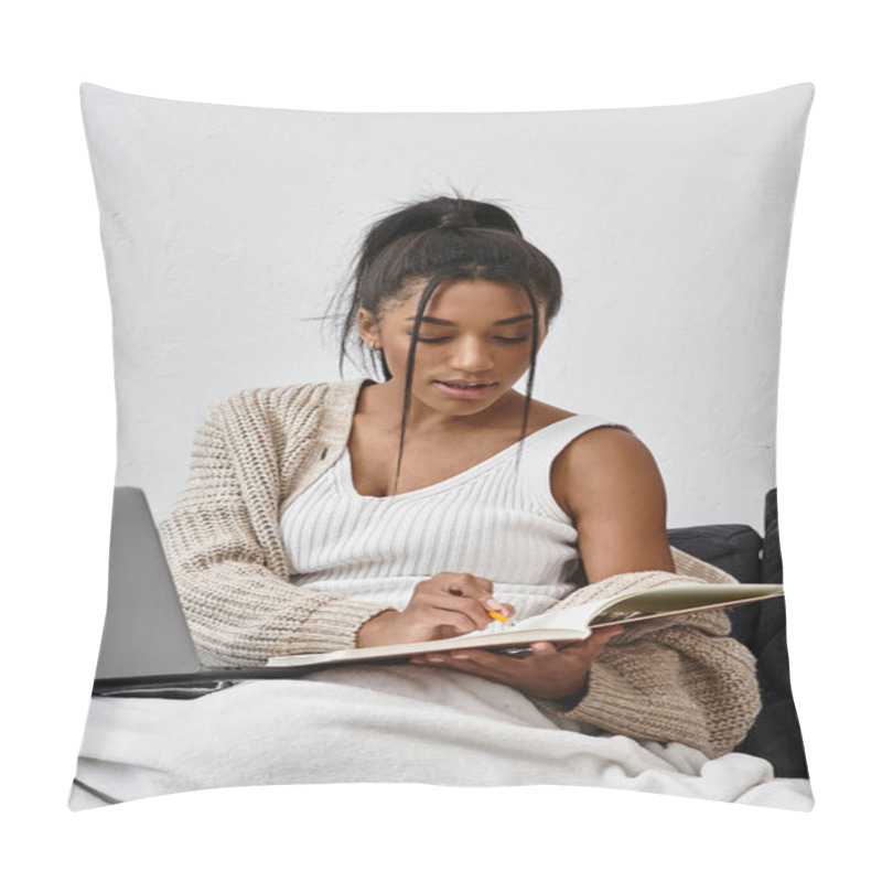 Personality  A Young Woman Studies Intently From The Comfort Of Her Home, Surrounded By Coziness. Pillow Covers