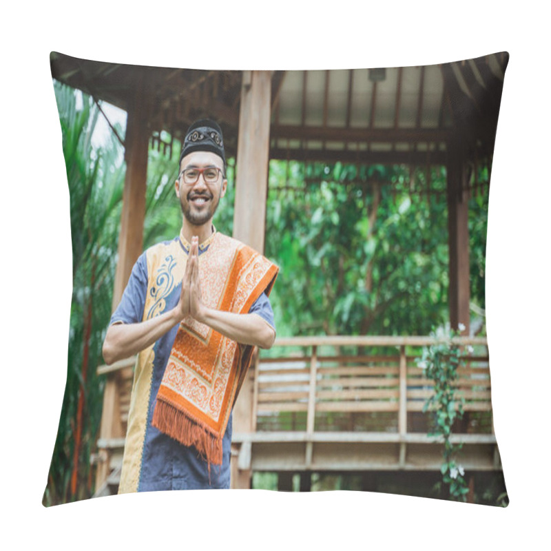 Personality  Muslim Male Smiling To Camera With Hand Greeting Gesture Pillow Covers