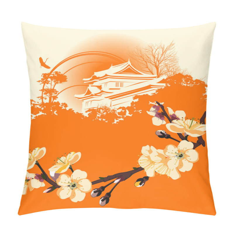 Personality  Card With A Flower Sakura And Japanese Houses Pillow Covers