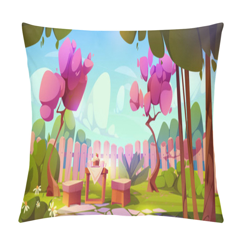 Personality  House Backyard Garden With Fence In Summer Cartoon Background. Outdoor Patio Exterior With Sakura Tree, Table, Chair And Spring Nature. Neighborhood Landscape Illustration With Forest On Sunny Day Pillow Covers