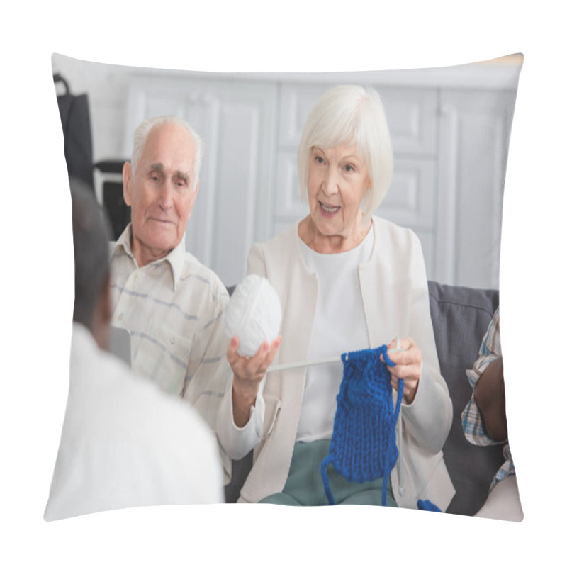 Personality  Elderly Woman Holding Yarn Near Interracial Friends In Nursing Home  Pillow Covers