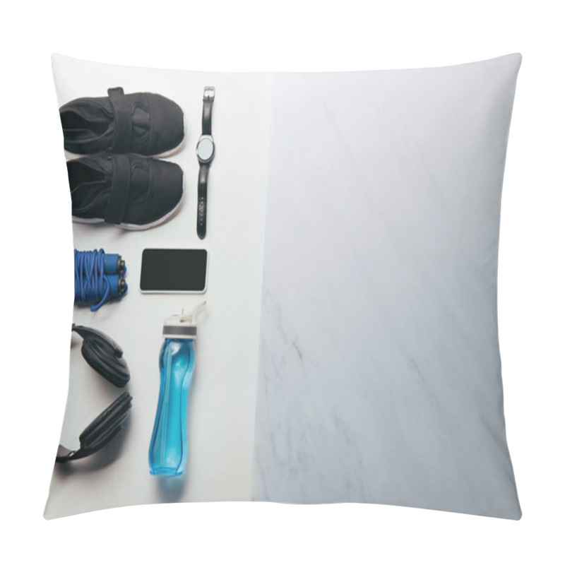 Personality  Elevated View Of Arranged Set Of Sport Equipment On White And Marble  Pillow Covers