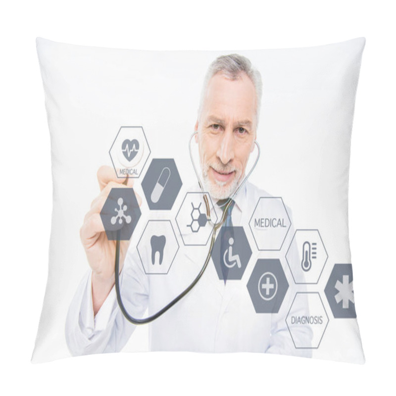 Personality  Doctor With Stethoscope And Medical Care Icons Pillow Covers