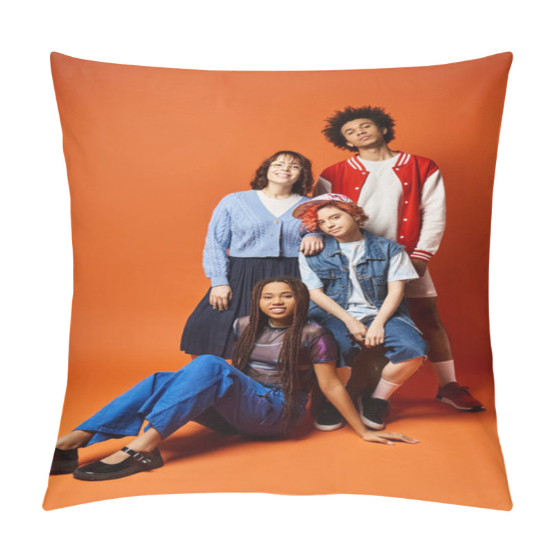 Personality  A Group Of Young Interracial Friends, Pose Together In Stylish Attire In A Studio Setting. Pillow Covers