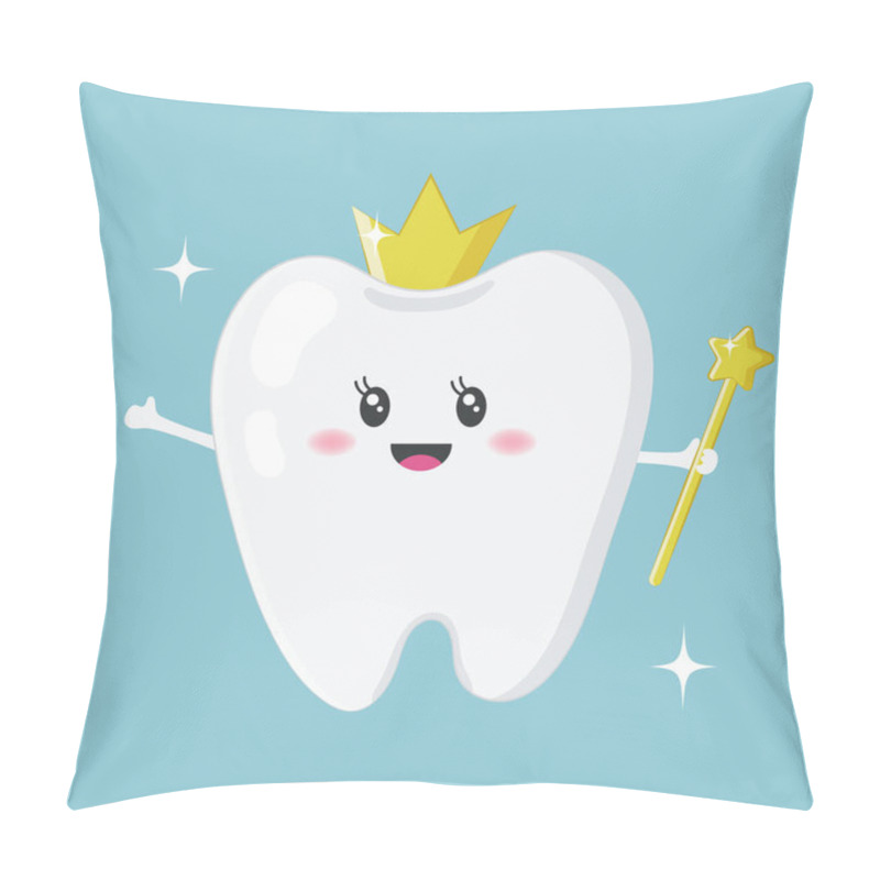 Personality  Cute Tooth, Tooth Fairy With A Gold Crown, And Magic Wand Isolated On Blue Background. Vector Illustration For Tooth Fairy Day On February 28th Pillow Covers