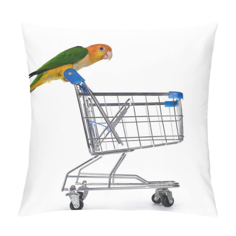 Personality  Young White Bellied Caique Bird, Sitting Side Ways On Handle From Mini Shopping Cart. Looking Curious Into The Cart. Isolated On White Background. Pillow Covers