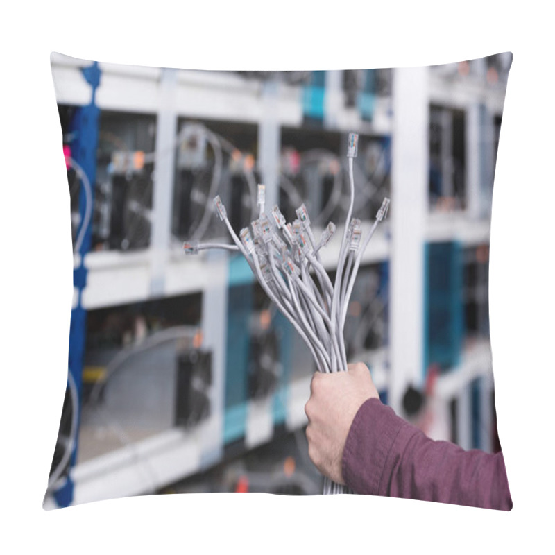 Personality  Cropped Shot Of Computer Engineer Holding Ethernet Wires At Cryptocurrency Mining Farm Pillow Covers