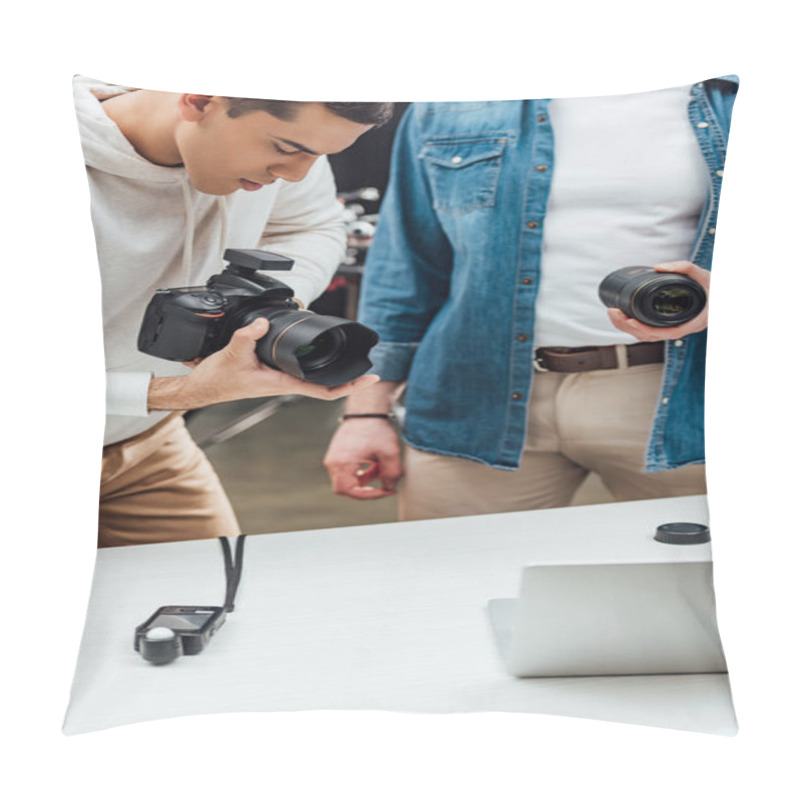 Personality  Cropped View Of Art Director Holding Photo Lens Near Handsome Photographer  Pillow Covers