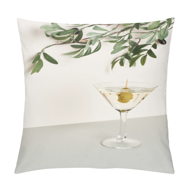 Personality  Glass Of Martini With Olive Branch On White Background Pillow Covers