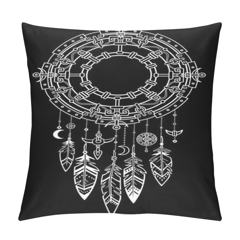 Personality  Decorative Mystical Circle With A Beads And Ethnic Jewelry.Linear Drawing, The Isolated White Contour On A Black Background. Vector Illustration. Pillow Covers