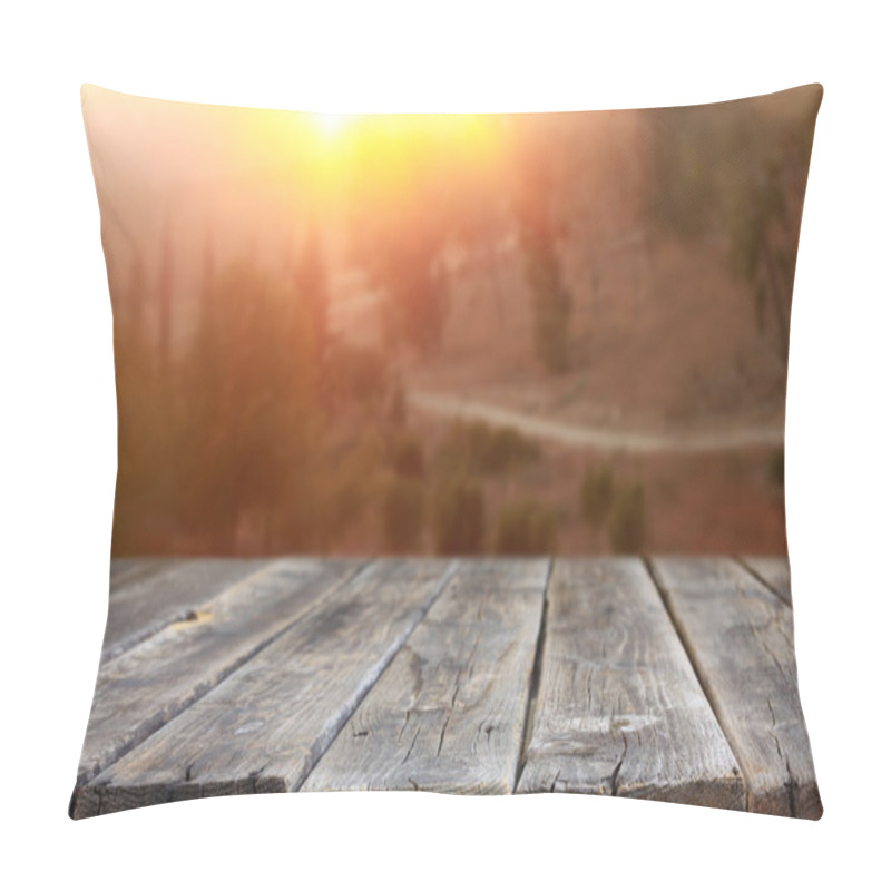 Personality  Rustic Wooden Planks In Front Of Forest Landscape In Sunset Pillow Covers