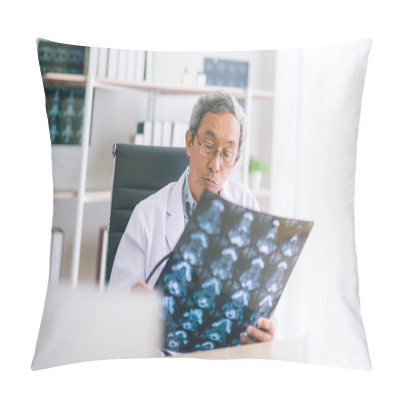 Personality  Asian Senior Doctor Looking Chest X-ray Film In Hospital. Pillow Covers