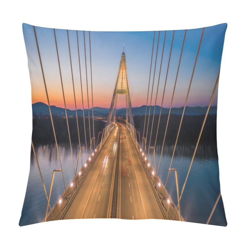 Personality  Budapest, Hungary - Aerial View Of The Beautiful Cable-stayed Megyeri Bridge Over River Danube With Blue And Orange Sky After Sunset Pillow Covers