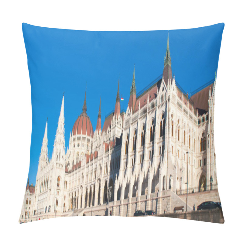 Personality  Historical Building Of Hungarian Parliament On Danube River Embankment In Budapest. Sunny Day Shot With Clear Blue Sky. Pillow Covers