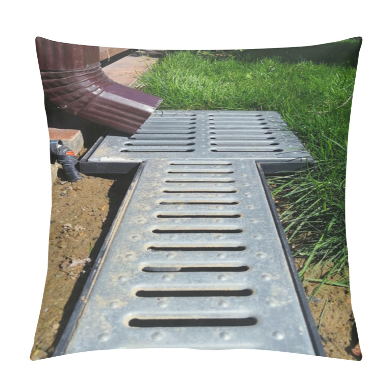 Personality  Drainage Systems. Idea - Building A House, Storm Taps. Metal Construction From The Roof - Sewer And Grate On The Ground For Draining Water Closeup. Sunny Day, Green Grass Pillow Covers