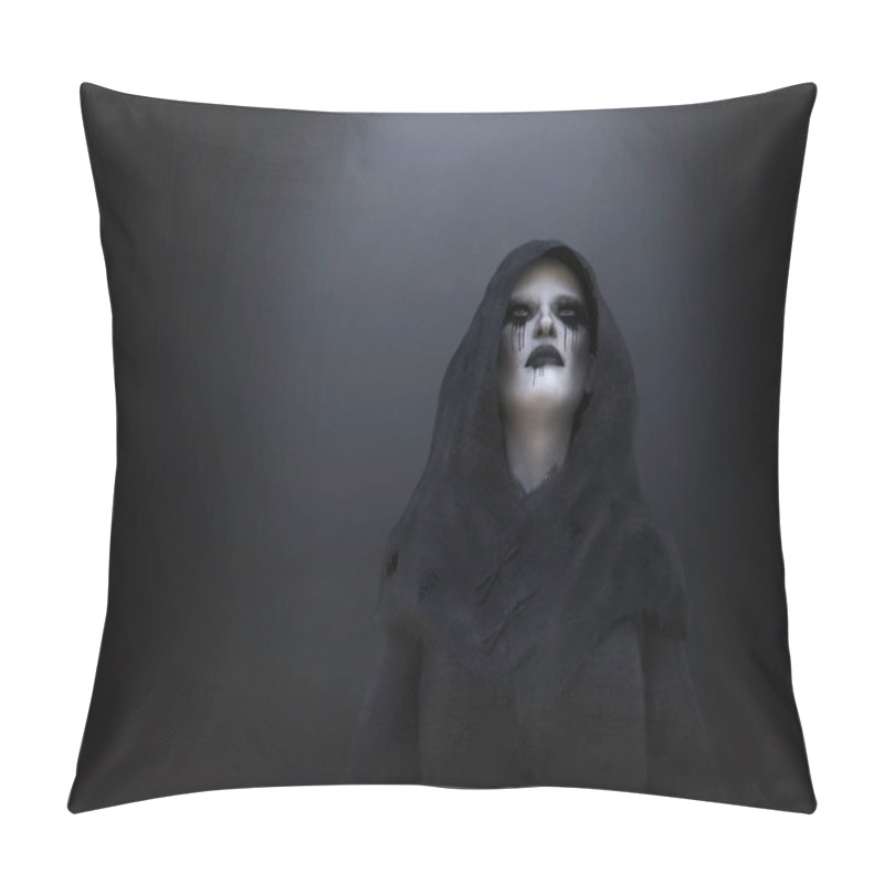 Personality  3D Rendering Of A Female Death Angel Or Demon Wearing A Black Hood. Dark Background. Pillow Covers