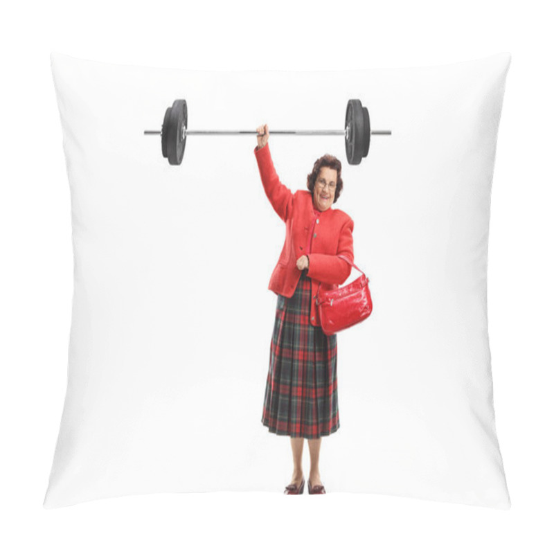 Personality  Full Length Portrait Of A Senior Lady Lifting A Barbell With One Hand Isolated On White Background Pillow Covers