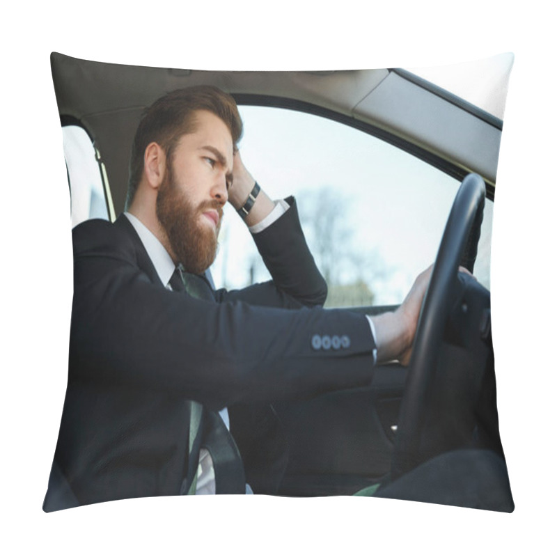 Personality  Side View Of Tired Business Man Driving Car Pillow Covers