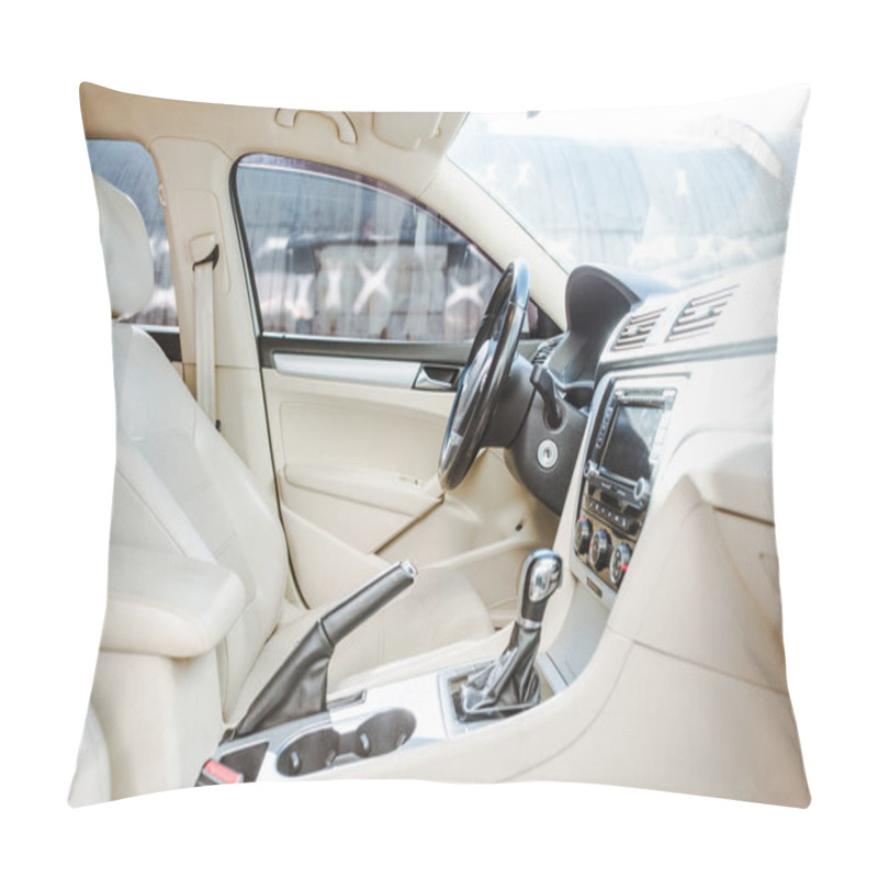 Personality  Cropped Image Of Steering Wheel And Leather Seats New Car On Street Pillow Covers