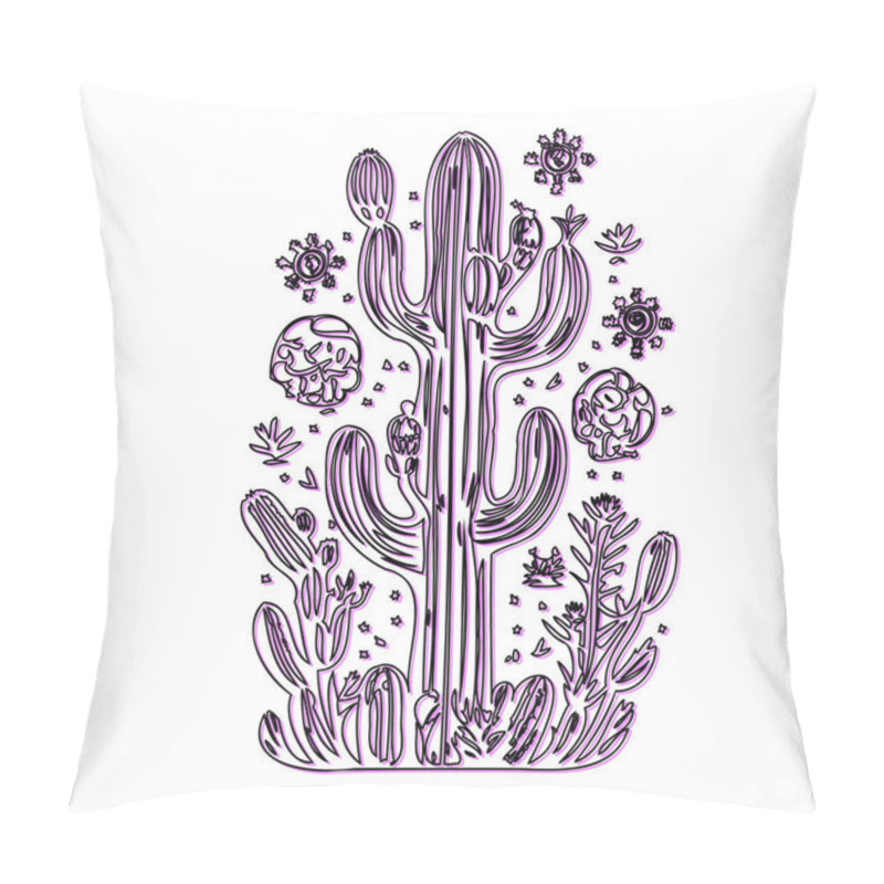 Personality  Hand Drawn Line Art Illustration Of A Saguaro Cactus And Desert Plants Pillow Covers