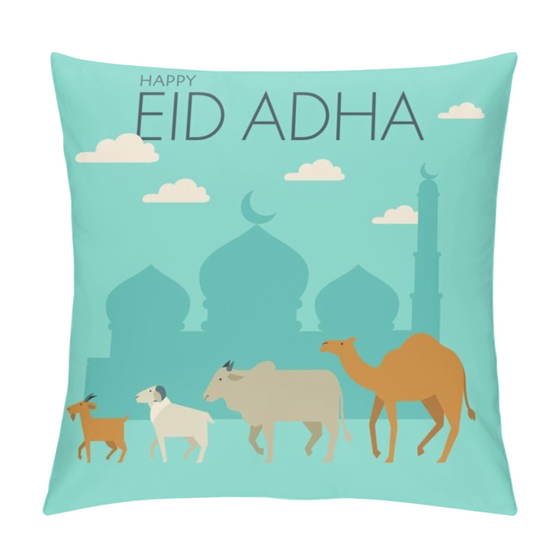 Personality  Happy Eid Adha. Celebration Of Muslim Holiday The Sacrifice A Camel, Sheep, Cow And Goat. Pillow Covers