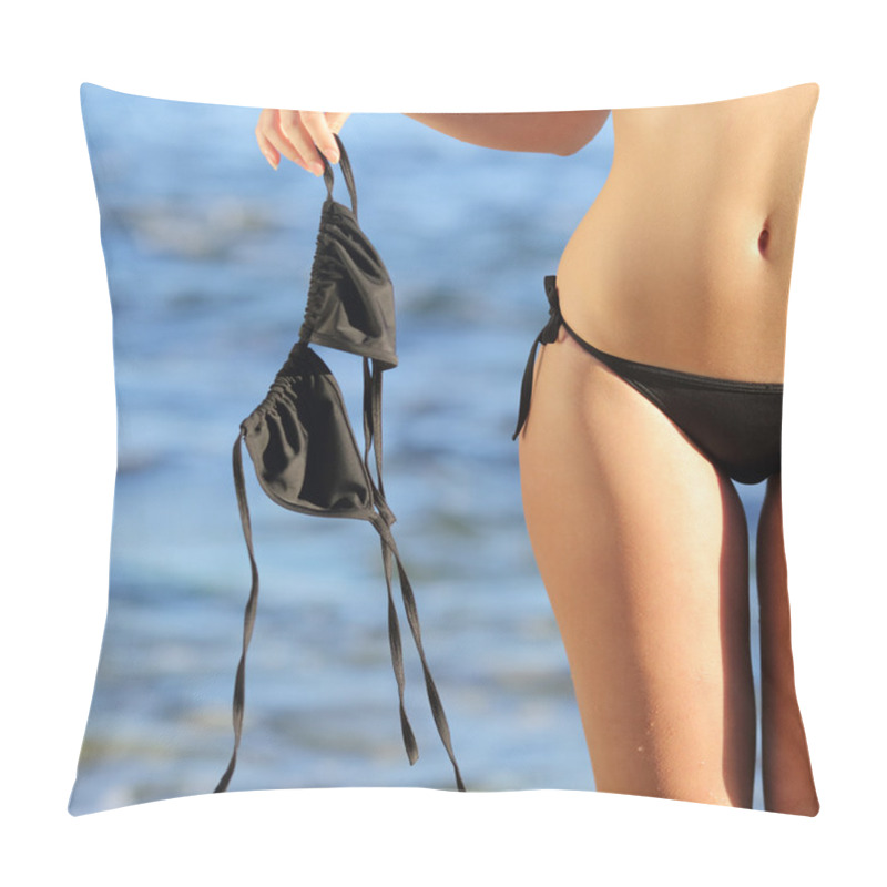 Personality  Close Up Of A Woman On The Beach In Topless Holding The Bikini Bra Pillow Covers