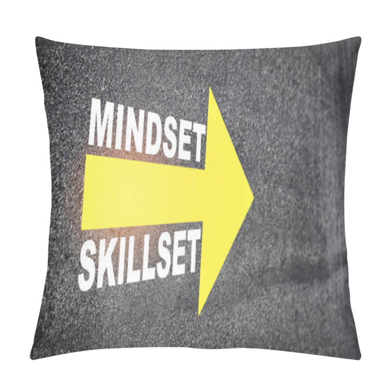 Personality  Mindset And Skillset Written On Asphalt Road Surface With Yellow Arrow Symbol. Self Development To Success Concept And Challenge Idea Pillow Covers