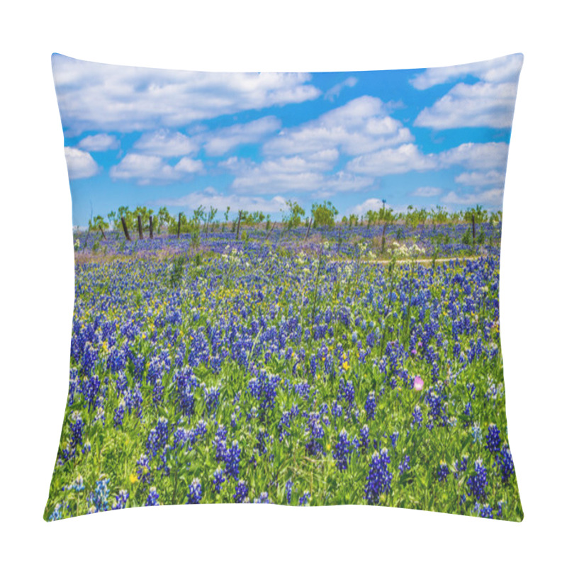 Personality  A Beautiful Wide Angle Shot Of A Field With Fence Blanketed With The Famous Texas Bluebonnet Wildflowers Pillow Covers