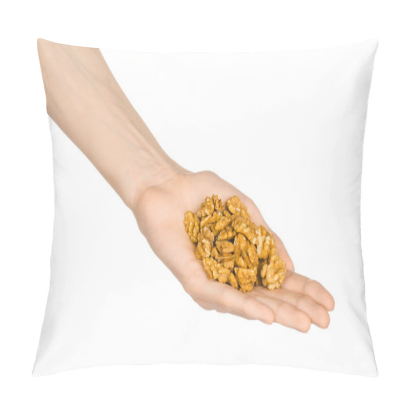 Personality  Nuts And Cooking Theme: Man's Hand Holding A Fresh Peeled Walnuts Isolated On A White Background In Studio Pillow Covers