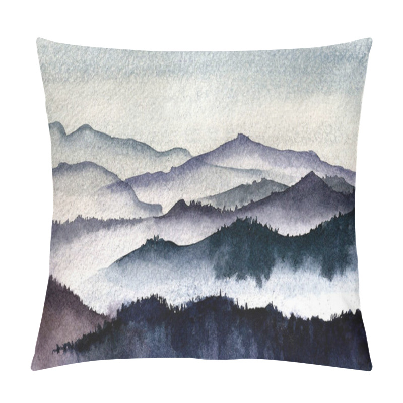 Personality  Blue Ink Landscape Painting With Ink Dots. Blue Mountains Ink Illustration. Pillow Covers