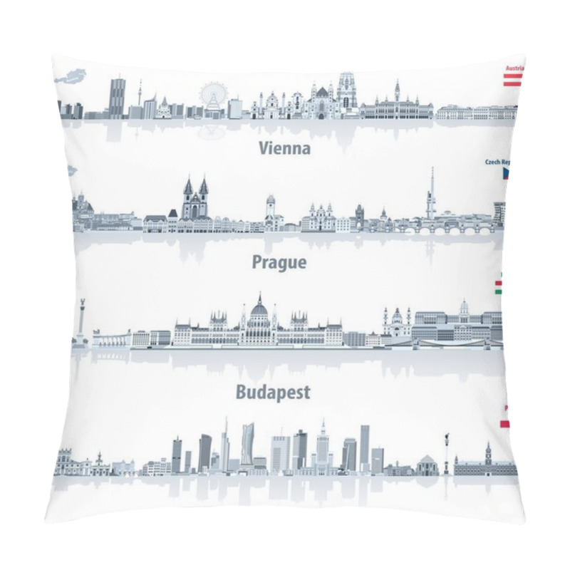 Personality  Vector Abstract City Skylines Of Vienna, Prague, Budapest And Warsaw In Light Azure Color Palette. Flags And Maps Of Austria, Czech Republic, Hungary And Poland Pillow Covers