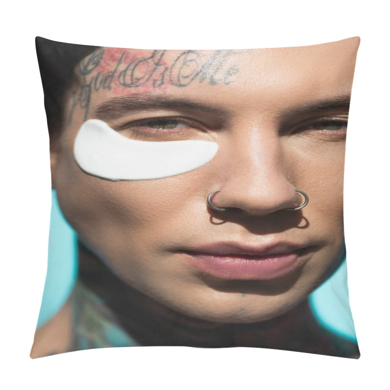 Personality  Close Up Of Tattooed Young Man With Eye Patch Looking At Camera Isolated On Turquoise Pillow Covers