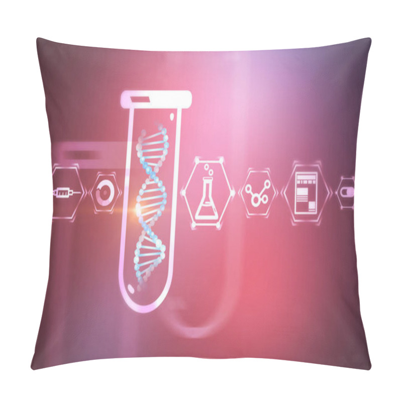 Personality  White Blue Dna Helix In Test Tube Over Purple Background With Science And Medicine Icons. Biotech, Biology, Medicine And Science Concept. 3d Rendering Mock Up Toned Image Pillow Covers