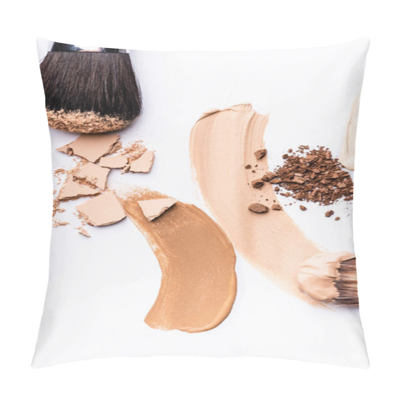 Personality  Top View Of Cosmetic Brushes With Face Foundation Brushstrokes And Powder On White Pillow Covers