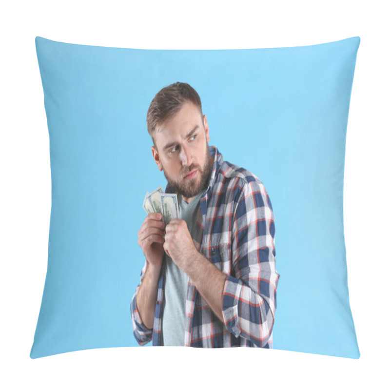 Personality  Greedy Young Man Hiding Money On Light Blue Background Pillow Covers