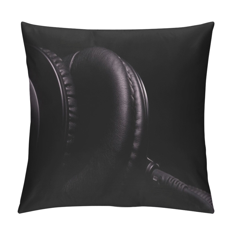 Personality  Beautiful Details Of Professional Studio Headphones Close-up On A Black Background Pillow Covers