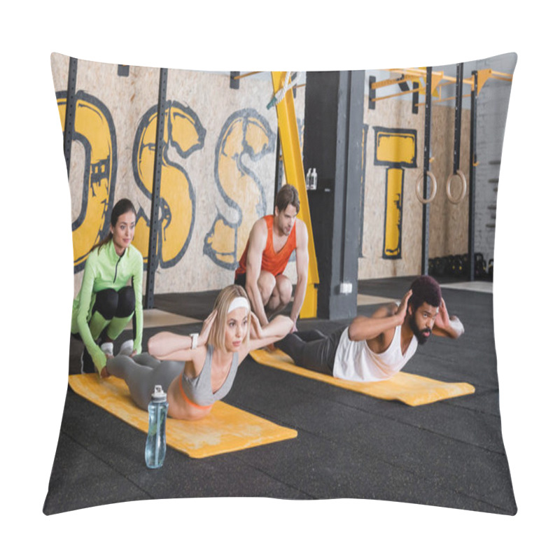 Personality  Trainers Helping Multiethnic People Doing Abs On Fitness Mats Pillow Covers