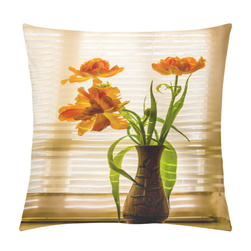 Personality  A Bouquet Of Yellow Orange Tulips In A Vase On The Windowsill Against The Background Of A Window With A White Curtain Pillow Covers