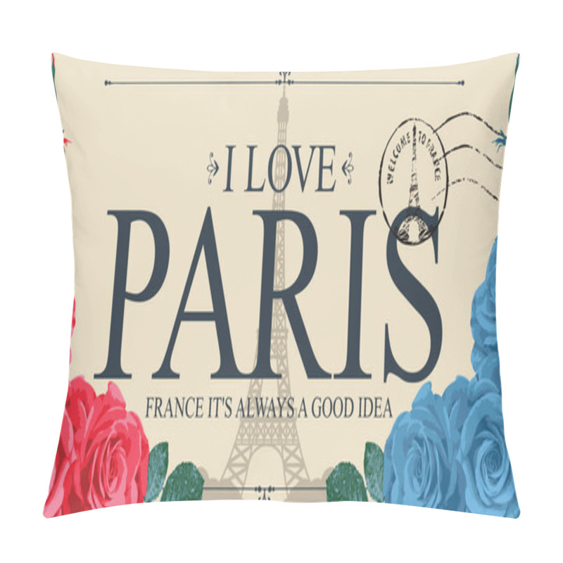 Personality  Retro Postcard With The Famous French Eiffel Tower In Paris, France. Vector Postcard In Vintage Style With Words I Love Paris, French Landmark, Roses And Postmark Pillow Covers