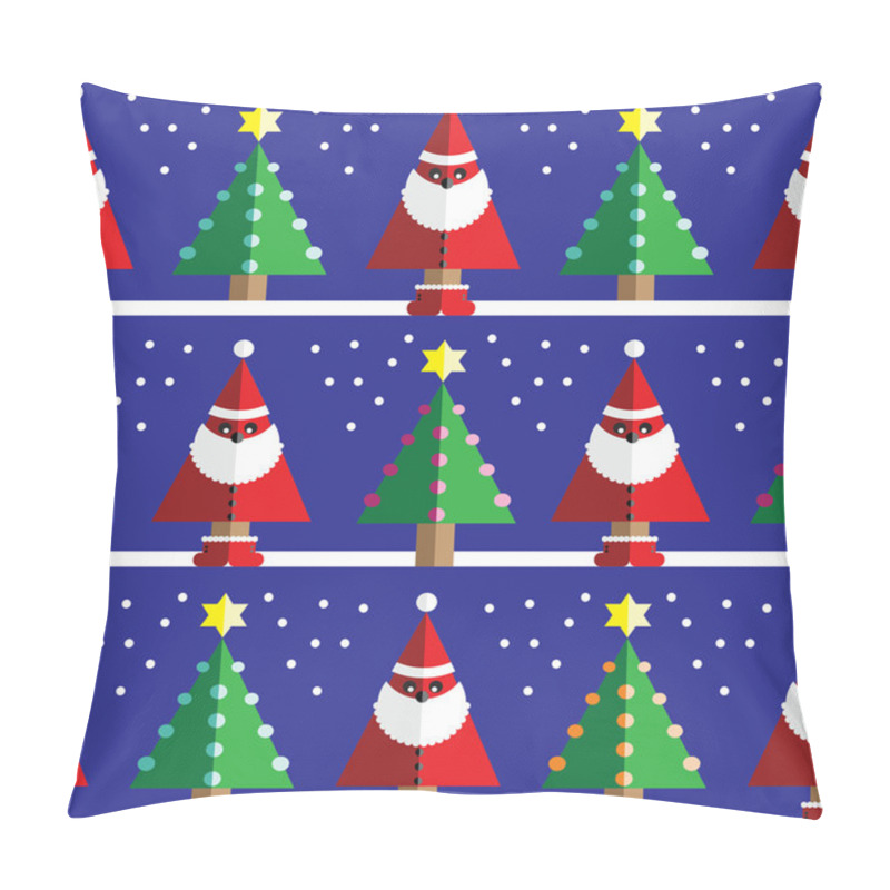 Personality  Seamless Pattern With Geometrical Santa Claus, Snow , Christmas Trees With  Light Blue, Orange, Pink Lights And Star Element In Two Shades On Dark Blue Background  Pillow Covers