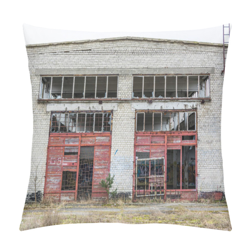 Personality  Abandoned Industry, Old Industrial Factory Wall Of White Bricks With Damaged Door And Windows Pillow Covers