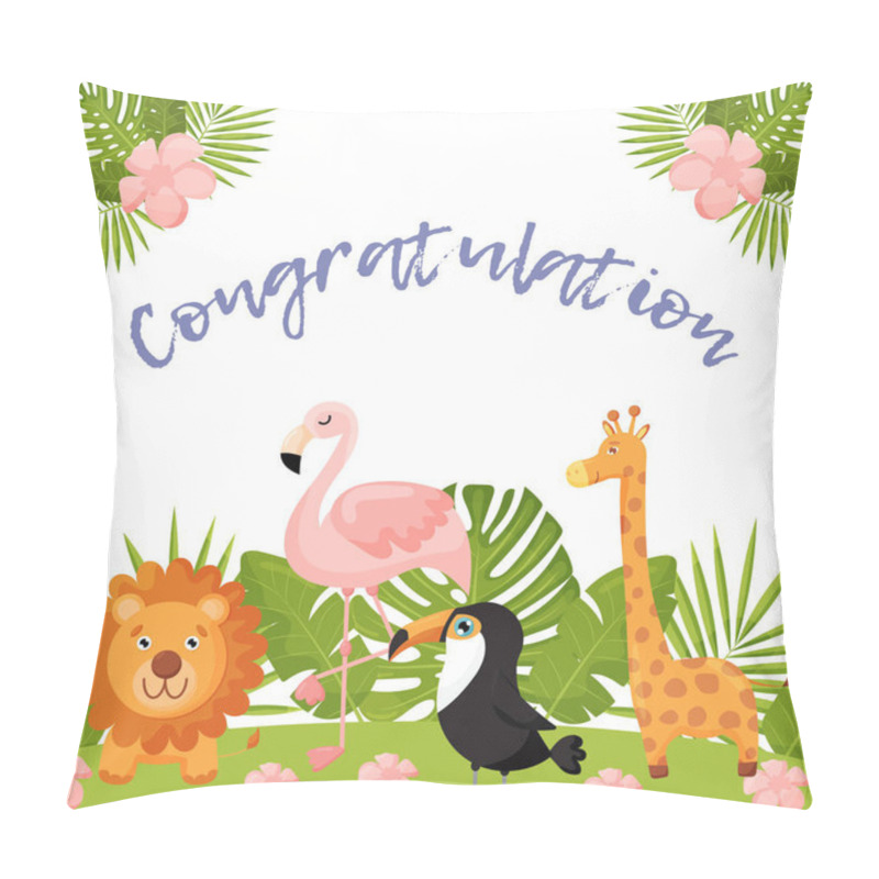 Personality  Cute Postcard With Animals And Tropical Leaves. Lion, Flamingo, Toucan And Giraffe. Pillow Covers