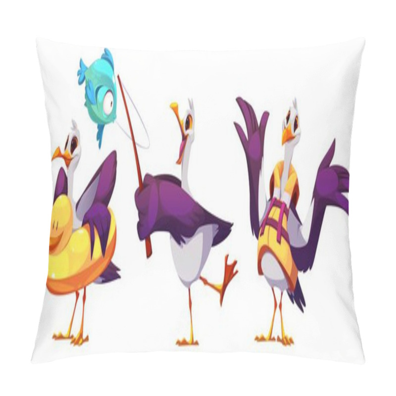 Personality  Cute Playful Seagull Cartoon Characters In Different Poses. White Seabird With Purple Wings Wearing Yellow Life Ring, Fishing With Rod, Dressed In Orange Safety Vest. Funny Bird With Expressive Faces. Pillow Covers