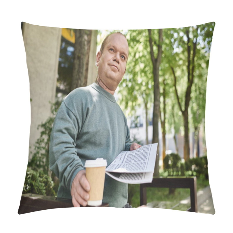 Personality  A Man With Inclusivity Sits On A Park Bench, Holding A Newspaper And A Coffee Cup, Looking Contemplative. Pillow Covers